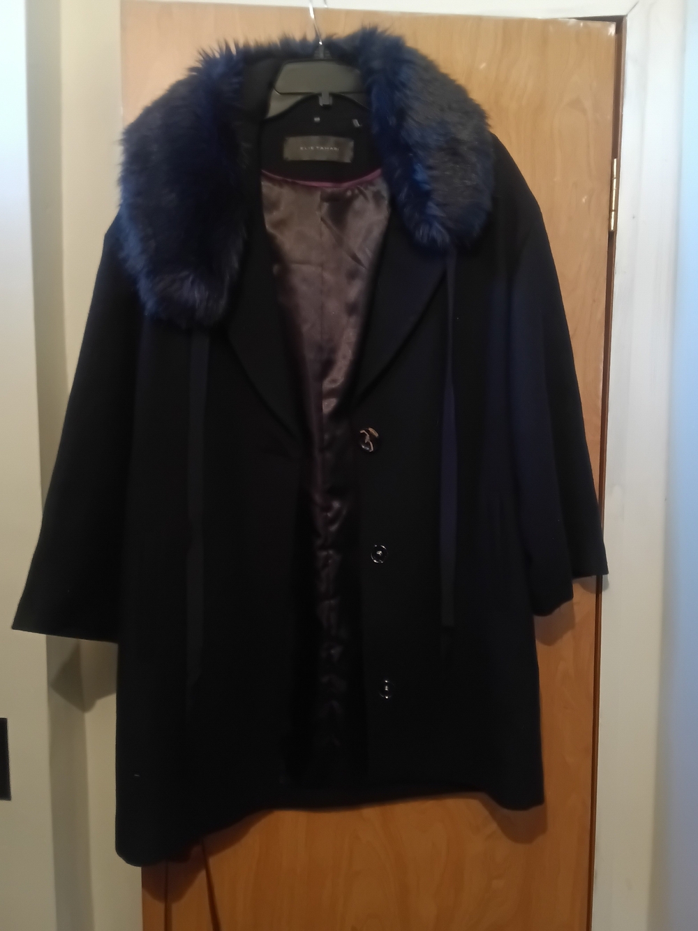Elie Tahari Navy Cape Coat with Blue Faux Fur Collar
